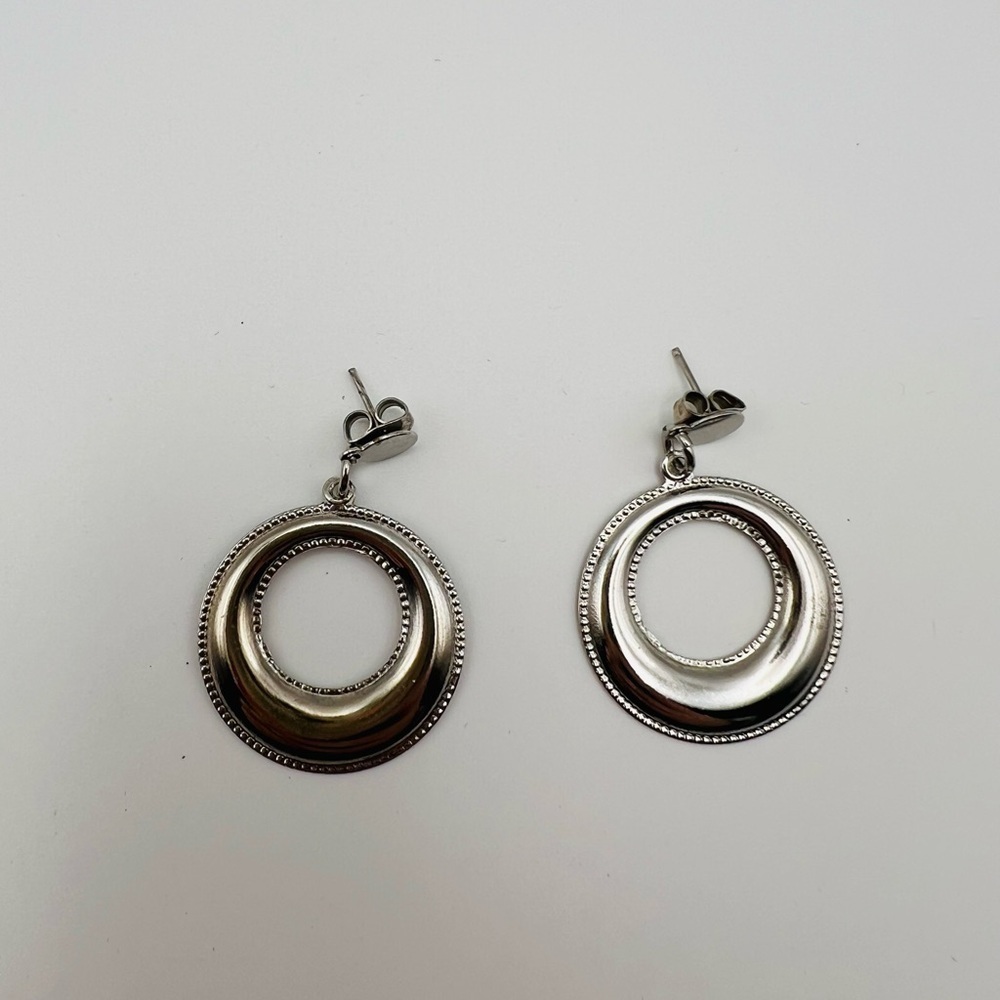 Vintage Silver Tone Open Circle Drop Earrings Modern Minimalist